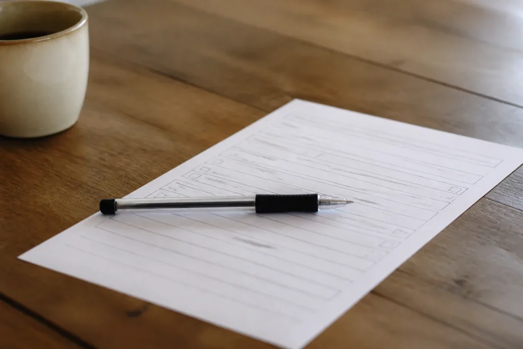 Stylo et formulaire papier sur un bureau en bois
