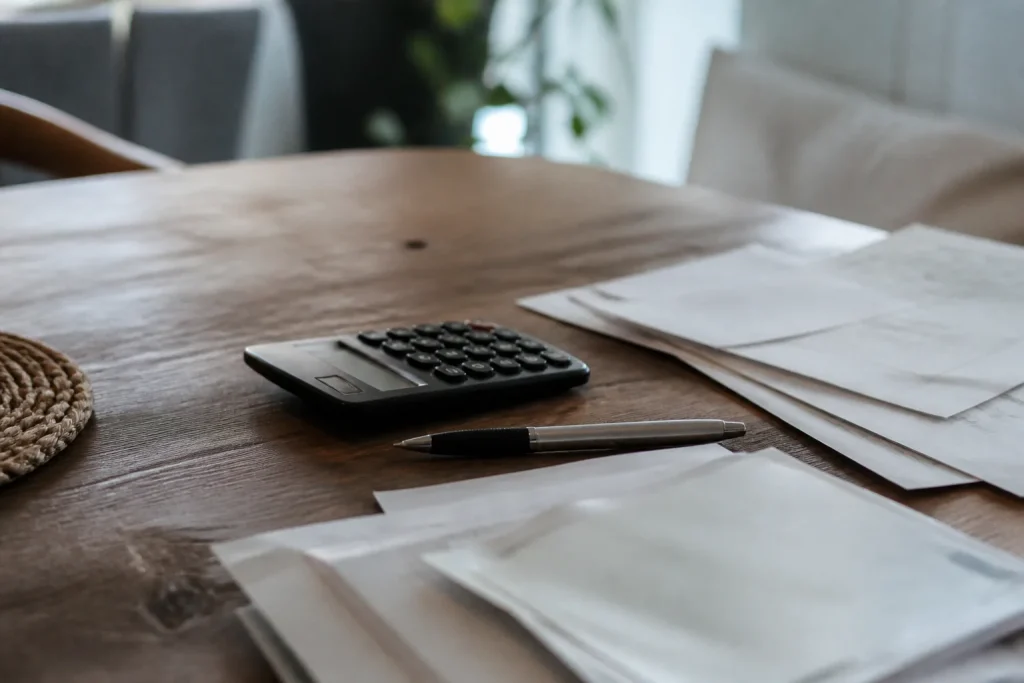 Table en bois avec calculatrice, stylo et documents financiers