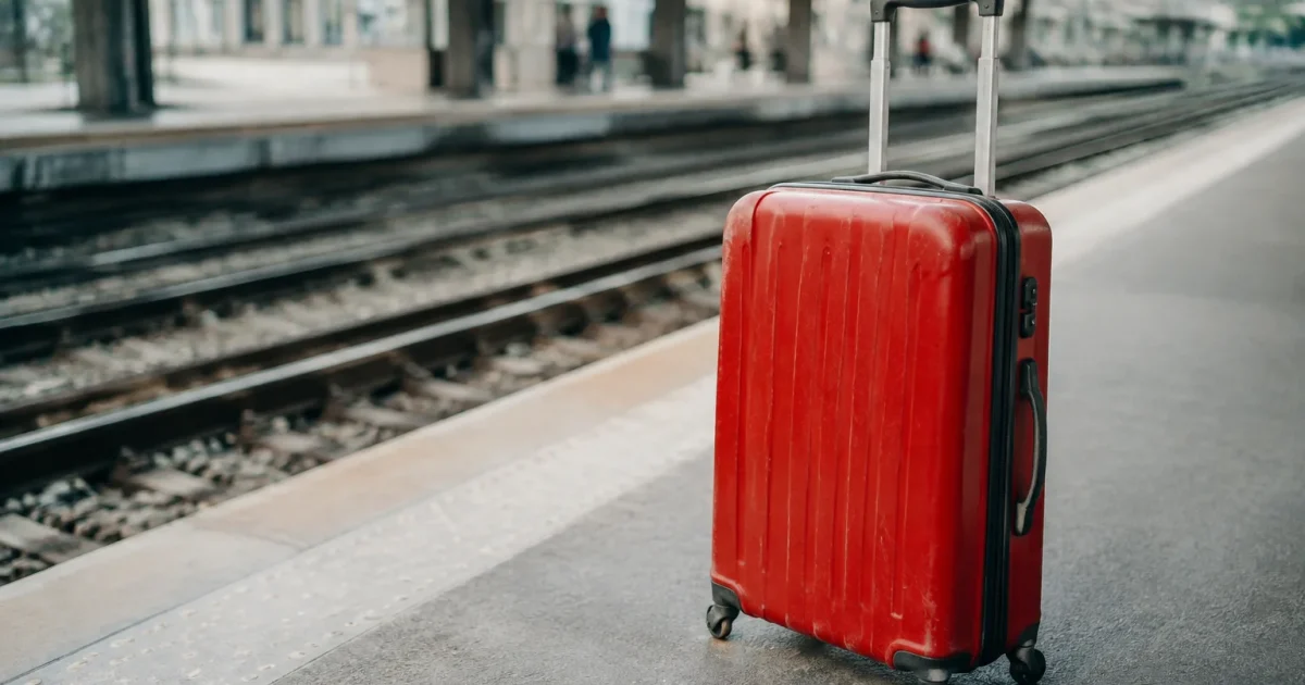 Une valise rouge posee sur un quai de gare